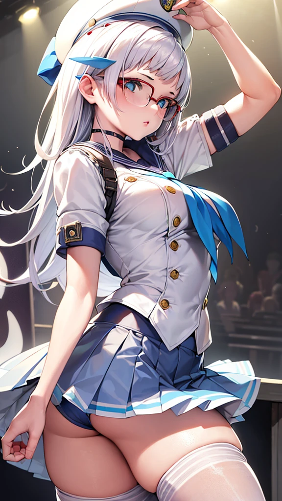 beautiful detailed girl, 1girl, detailed white hair, detailed blue eyes, detailed small perky breasts, detailed tight firm butt, short white pleated skirt, blue panties, button up shirt, sailor cap, extremely detailed, realistic, photorealistic, ultra-detailed, 8k, masterpiece, dramatic lighting, vibrant colors, cinematic, fantasy, ethereal