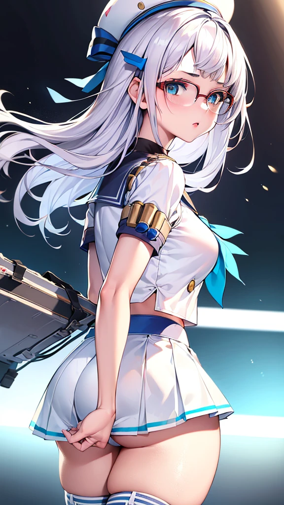 beautiful detailed girl, 1girl, detailed white hair, detailed blue eyes, detailed small perky breasts, detailed tight firm butt, short white pleated skirt, blue panties, button up shirt, sailor cap, extremely detailed, realistic, photorealistic, ultra-detailed, 8k, masterpiece, dramatic lighting, vibrant colors, cinematic, fantasy, ethereal