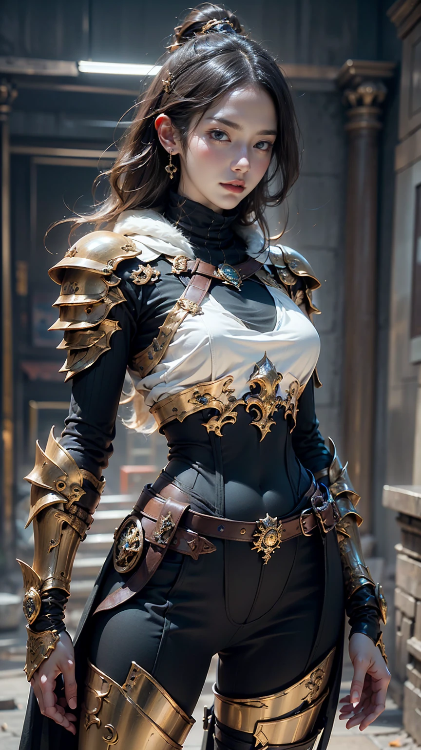 Game art，The best picture quality，Highest resolution，32K，(A bust photograph)，(Portrait)，(Head close-up)，(Rule of thirds)，Unreal Engine 5 rendering works， (The Girl of the Future)，(Female Warrior)， 20-year-old girl，((Hunter))，An eye rich in detail，(Big breasts)，Elegant and noble，indifferent，brave， （Medieval-style fur combat clothing，Glowing magic lines，Animal skin clothing with rich detailedieval Lady Knight，Medieval ranger， photo poses，simple background，Movie lights，Ray tracing，Game CG，((3D Unreal Engine))，OC rendering reflection pattern