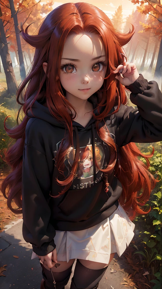 Young girl, (8 years old), (little body, small height), (petite girl: 1.35), (adorable face), (big forehead: 1.2), she has a long flowing hair, (red hair: 1.5), (long hair: 1.35), asian features, (brown eyes: 1.5), bright eyes, brown light eyes, (white skin: 1.35), beautiful detailed eyes, cute young girl, (flat chest: 1.35), (((wearing black skirt, a baggy black hoddie and Over-the-knee socks))), high quality clothes, high resolution, (detailed clothes), (loose hoddie: 1.35), (autumn forest, sunset, warm light background))), cute, daring girl, (detailed background), (full detailed 8k), (perfectly detailed face), (enhance anatomy), vfx, highres, sharp, focus, (photorealistic artwork: 1.35), (extremely detailed CG unity 8k wallpaper), (((vibrant colors, vibrant theme))), (dynamic pose: 1.5), cool vibes, fashion girl, happy, flirting expression, coquette, (playful attitude), smiling, happy, adorable small girl, joyful girl