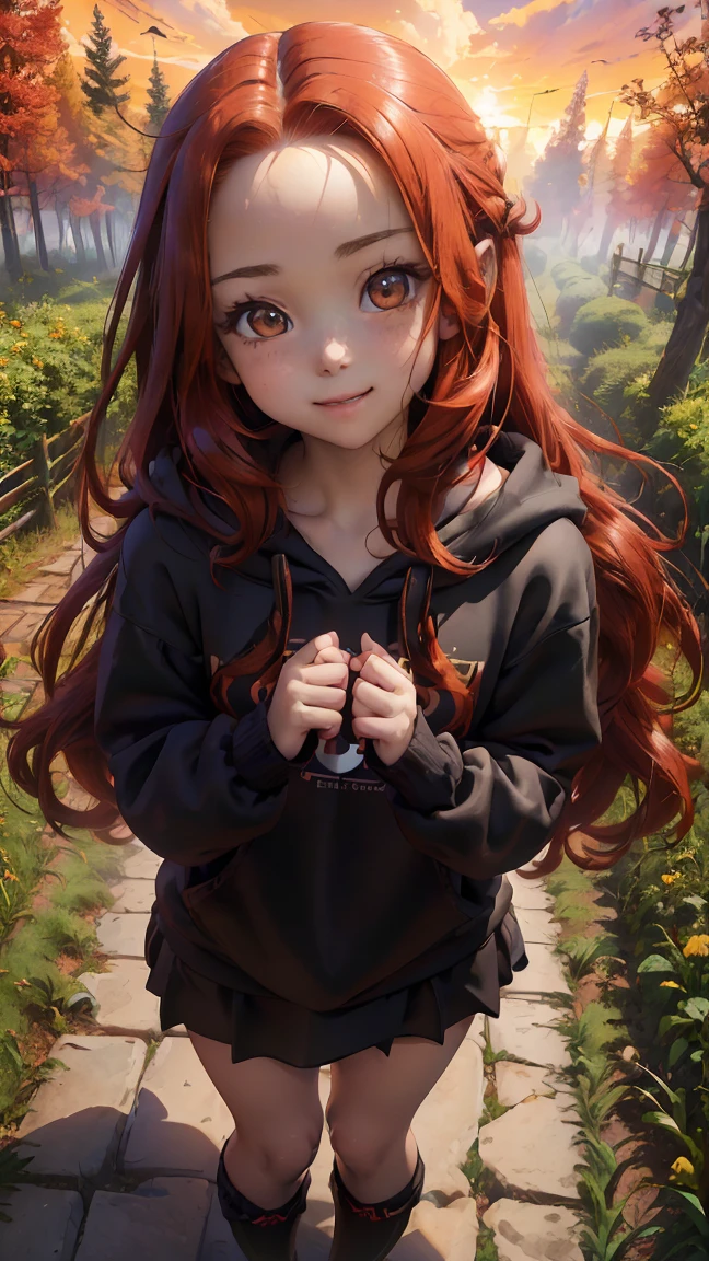 Young girl, (), (little body, small height), (petite girl: 1.35), (adorable face), (big forehead: 1.2), she has a long flowing hair, (red hair: 1.5), (long hair: 1.35), asian features, (brown eyes: 1.5), bright eyes, brown light eyes, (white skin: 1.35), beautiful detailed eyes, cute young girl, (flat chest: 1.35), (((wearing black skirt, a baggy black hoddie and Over-the-knee socks))), high quality clothes, clothes, high resolution, (detailed clothes), (loose hoddie: 1.35), (autumn forest, sunset, warm light background))), cute, daring girl, (detailed background), (full detailed 8k), (perfectly detailed face), (enhance anatomy), vfx, highres, sharp, focus, (photorealistic artwork: 1.35), (extremely detailed CG unity 8k wallpaper), (((vibrant colors, vibrant theme))), (dynamic pose: 1.5), cool vibes, fashion girl, happy, flirting expression, coquette, (playful attitude), smiling, happy, adorable small gir