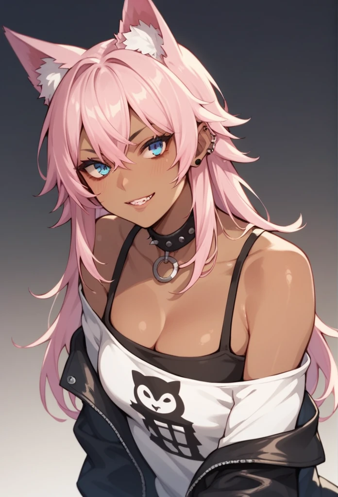 Dark-skinned wolf girl,White and pink hair,blue eyes,Big ,Wearing emo clothes