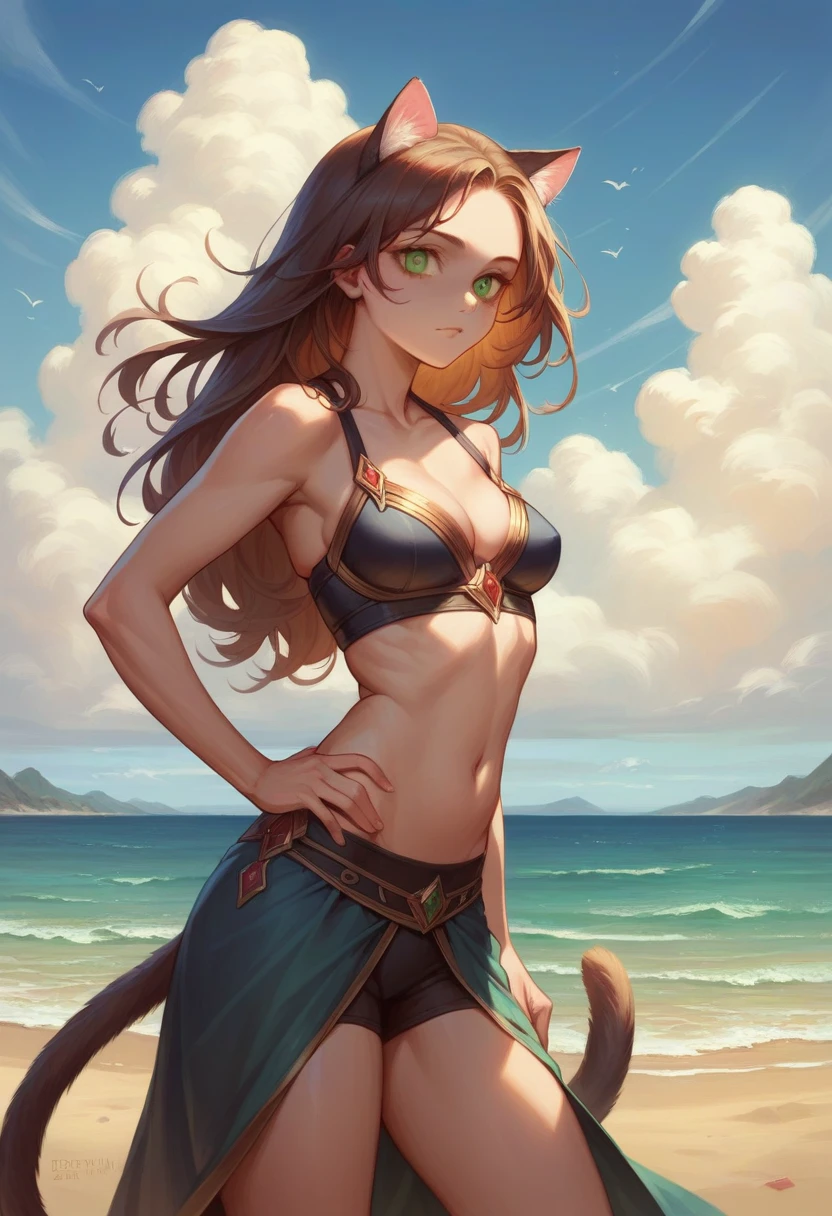 best quality, masterpiece, detailed , 1girl, beach, sunbeam, windy, long hair, green eyes, cat ears, cat tail, detailed eyes, midriff,