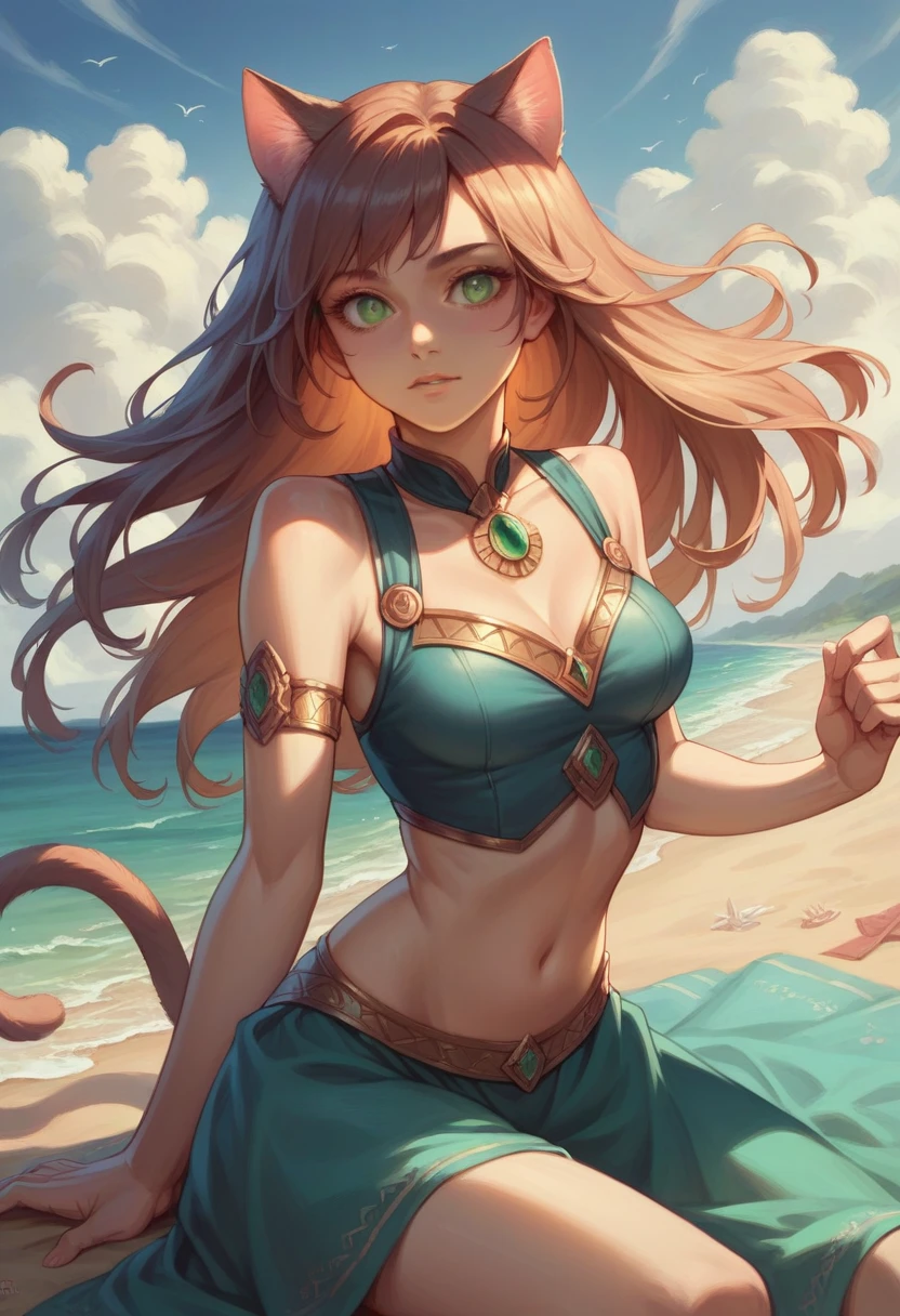 best quality, masterpiece, detailed , 1girl, beach, sunbeam, windy, long hair, green eyes, cat ears, cat tail, detailed eyes, midriff,