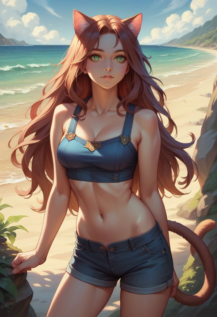 best quality, masterpiece, detailed , 1girl, beach, sunbeam, windy, long hair, green eyes, cat ears, cat tail, detailed eyes, midriff,