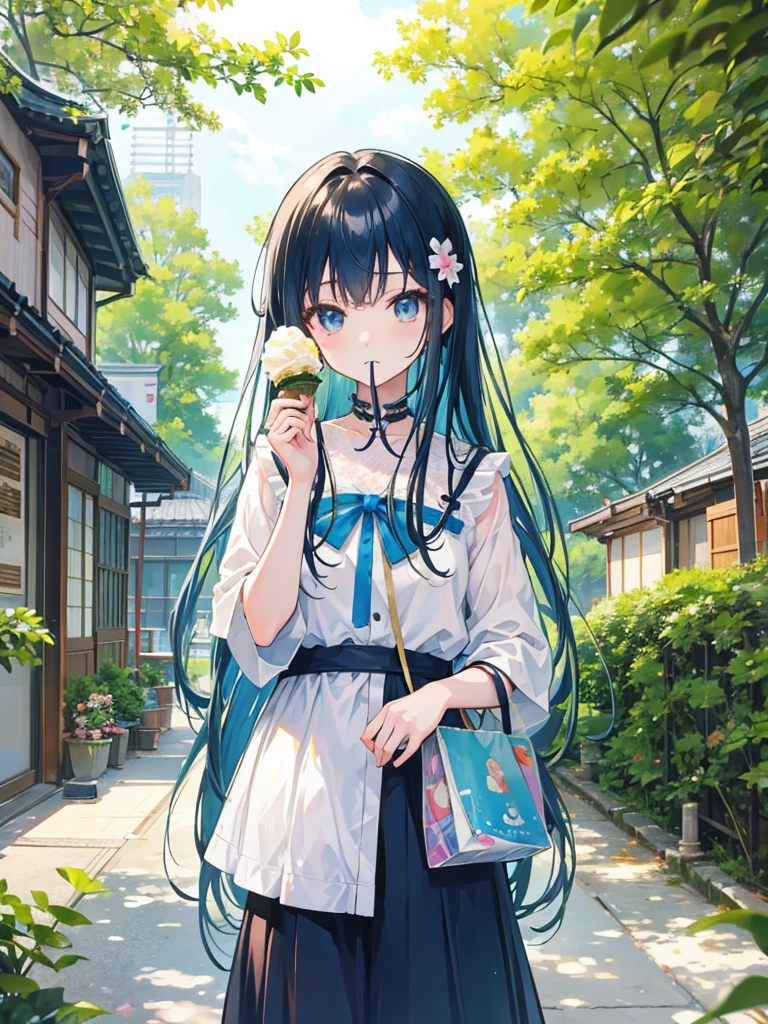 anime、masterpiece、Highest quality、Tokyo metropolitan area in summer、A girl with long hair that has a gentle gradient、Holding and eating ice cream、Summer clothes、The greenery is beautiful