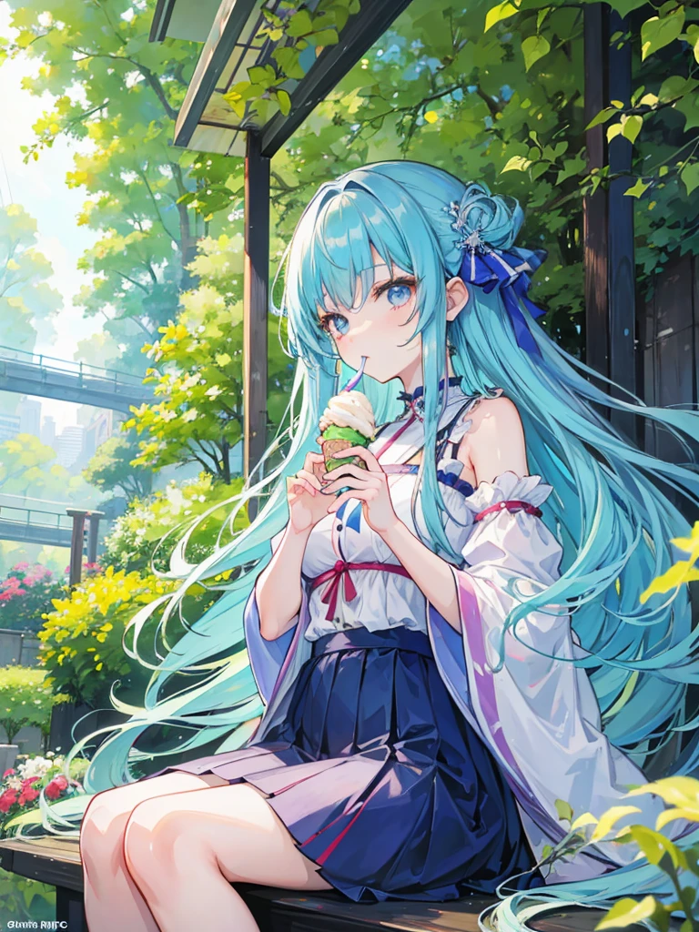 anime、masterpiece、Highest quality、Tokyo metropolitan area in summer、A girl with long hair that has a gentle gradient、Holding and eating ice cream、Summer clothes、The greenery is beautiful