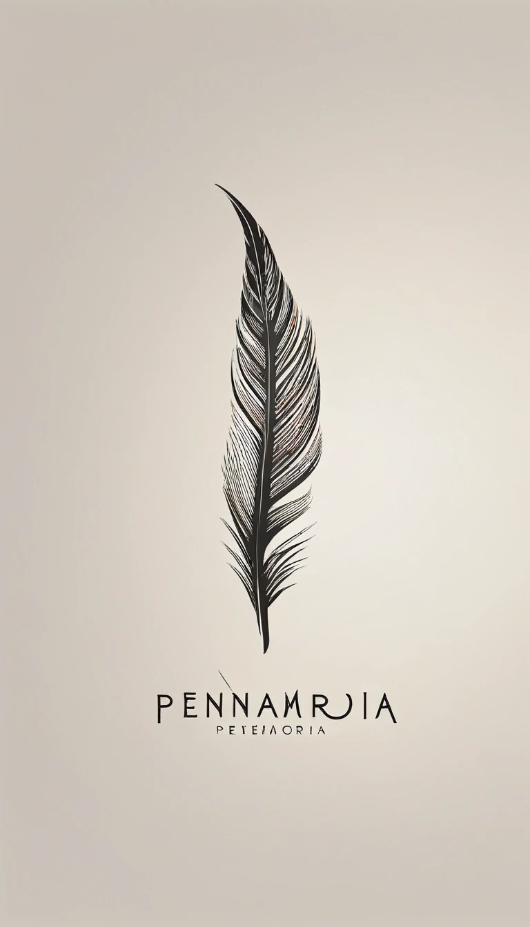 A minimal, modern, simple, cinematic logotype for the brand “Penamemoria". The logotype must be a simple, magical feather. The logo must convey a sense of music, stories and dreams. Logo design impressed on a book cover. Minimalistic logo