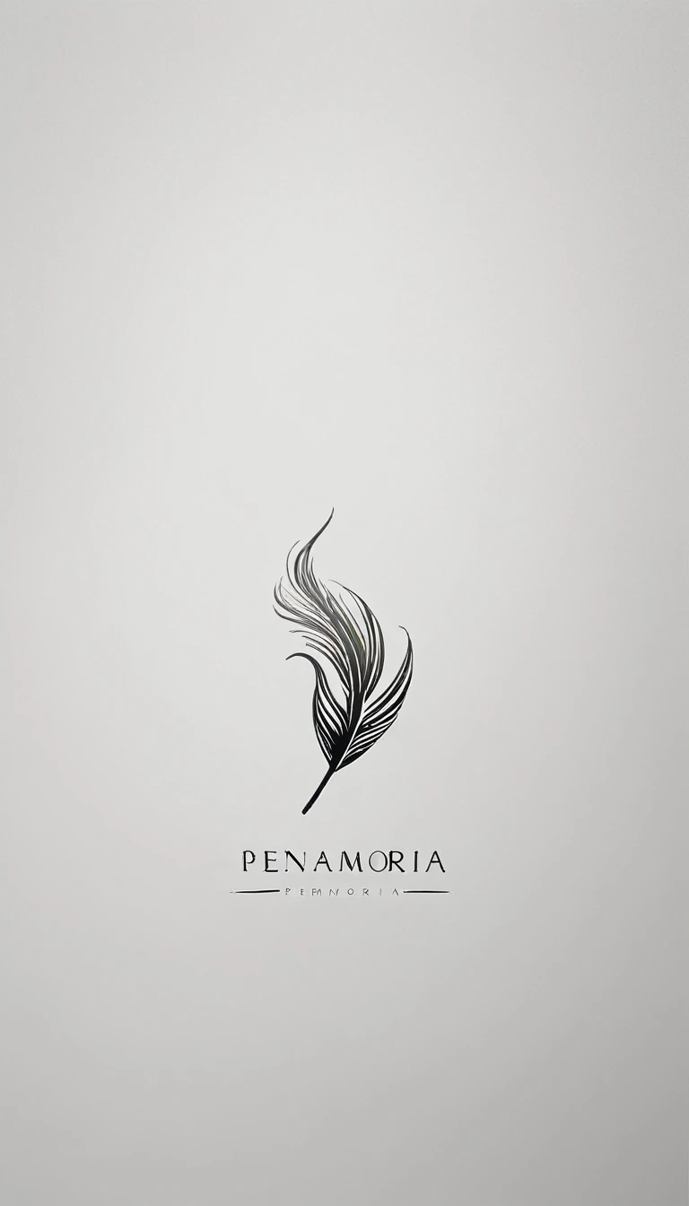 A minimal, modern, simple, cinematic logotype for the brand “Penamemoria". The logotype must be a simple, magical feather. The logo must convey a sense of music, stories and dreams. Logo design impressed on a book cover. Minimalistic logo
