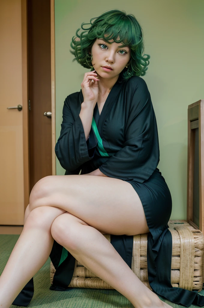 (Masterpiece, Best Quality:1.2), solo, 1girl, tatsumaki, unamused, closed mouth, looking a viewer, hand on our face, sitting, Short black kimono ,big thighs,crossing leg, green hair