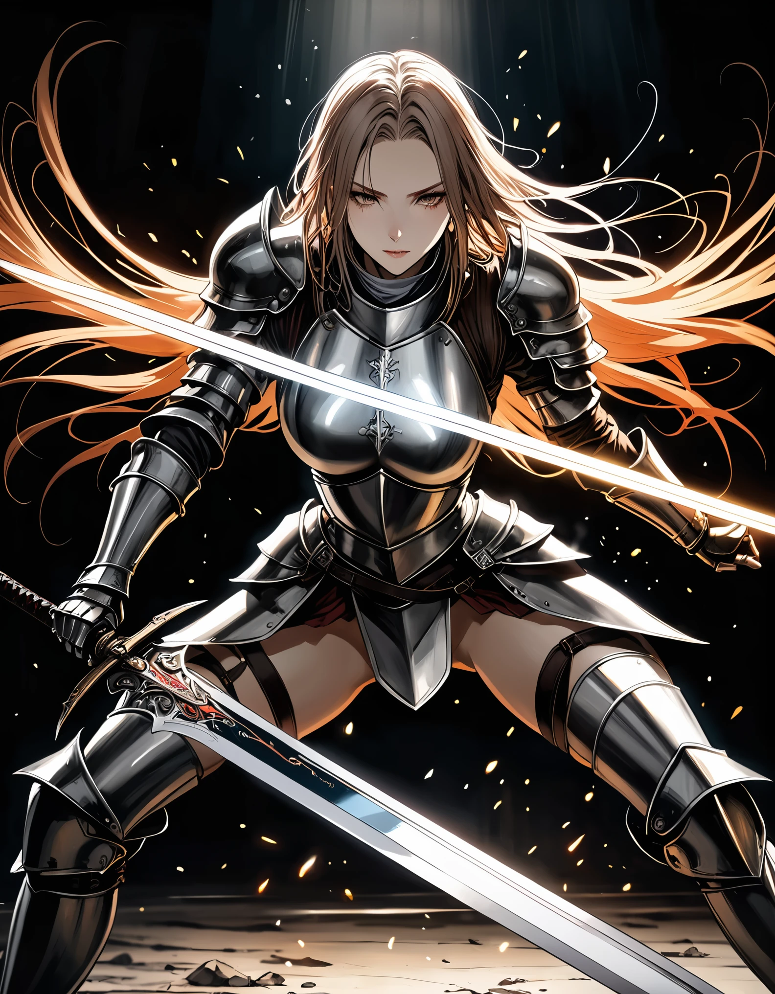n style of Santiago Caruso,best quality, masterpiece, high resolution, 1girl,knight,Light effects surrounding the girl,((Combat Action,Bend down to accumulate strength,Holding a big sword with both hands,Dynamic lens,Dynamic Action)),(Motion Blur),blur background,Shines brightly,vivid color,Tyndall effect,Reality, Dark Studio, Edge lighting, Two-tone lighting,(High Detail Skin:1.2),