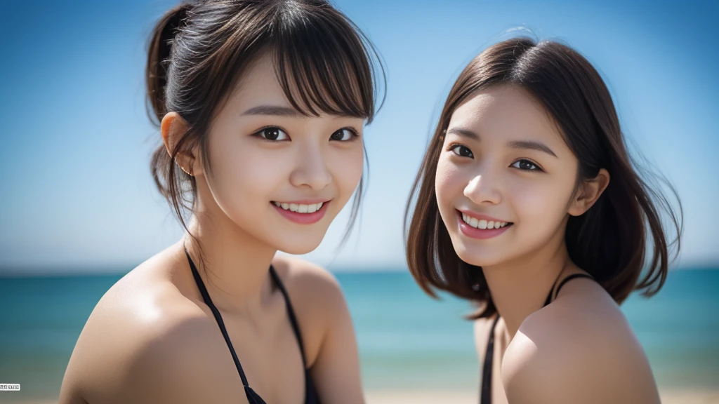 8K, highest quality, masterpiece, realistic, ultra-detailed, photo-realistic, hyper-realistic, smoother lighting, enhanced cinematic lighting quality, realistic lighting, backlight, bright light, improved quality, highest quality real texture skin, beautiful beach, sexy pose by the seaside, close-up, slender, cute face, smiling, beautifully detailed eyes, 19 years old, cute, black short hair, wearing a colorful bikini
