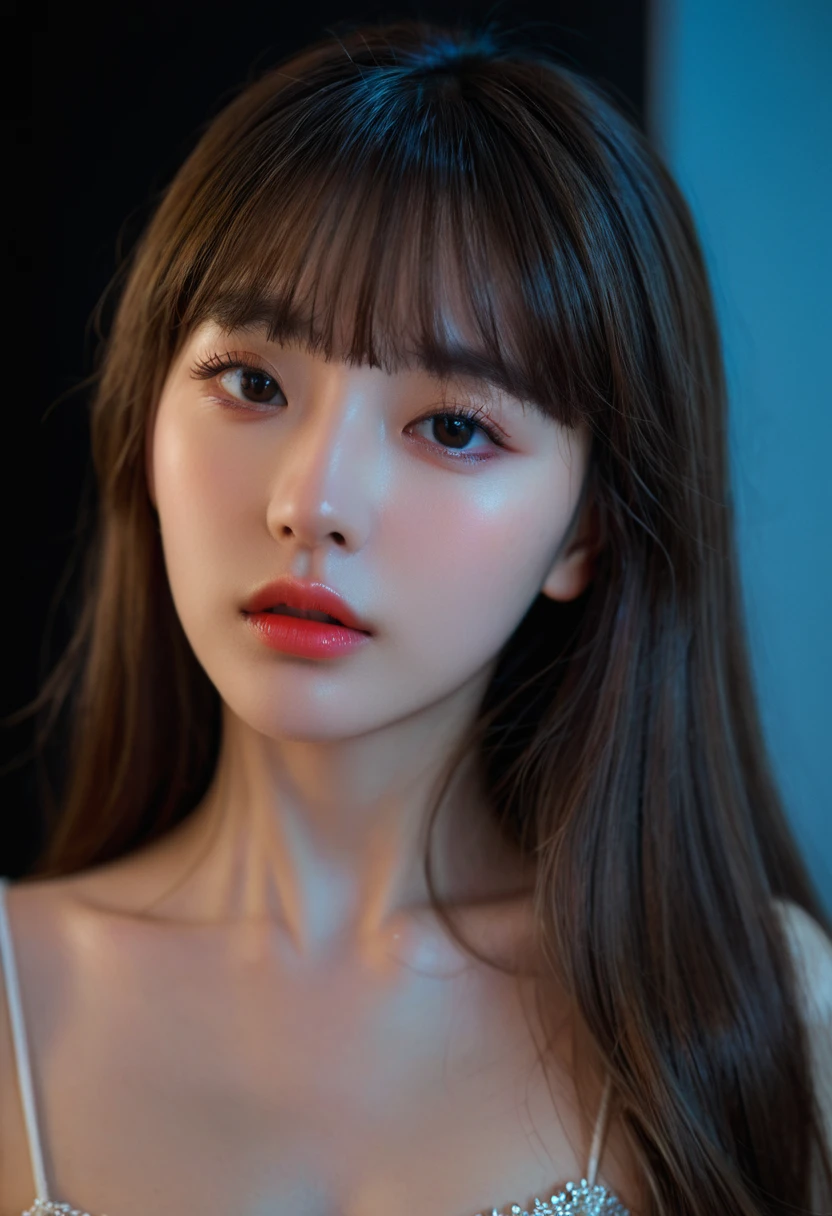 8k, best quality, 1 Girl, (Skin Indentation), night, (dark), Indoor clear background, (people), Beautiful bangs, Gorgeous,, (Clothing and:1.3),Soft lighting, attractive, dark Room, (mouth close:1.2, beautiful eyes, Delicate eyes, Detailed iris, Beautiful lips, Beautiful nose, Pretty Face),(primary color:1.5),(Ambient Light:1.3),(Neon light:1.3)