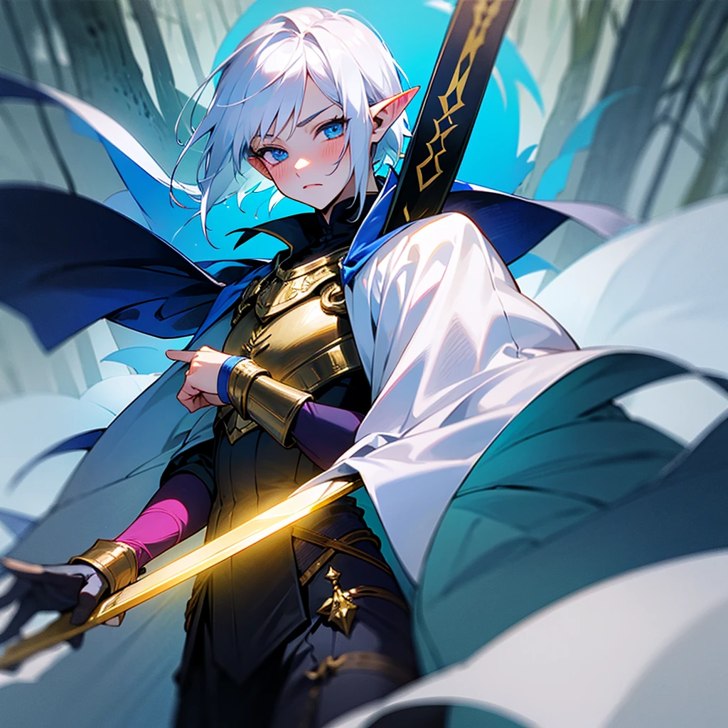 ultra detali, pointy ears, White hair, blue colored eyes, shorth hair, wears silver armor on his chest, on the sleeves he uses a white fabric up to the hands, wears silver bracelets on both hands, wears a blue cape with gold decorations on the back, holding a silver sword in his hand, the cloth is a forest, ethereal lighting, mystical atmosphere, vibrant and harmonious colors, surprised and blushing expression.