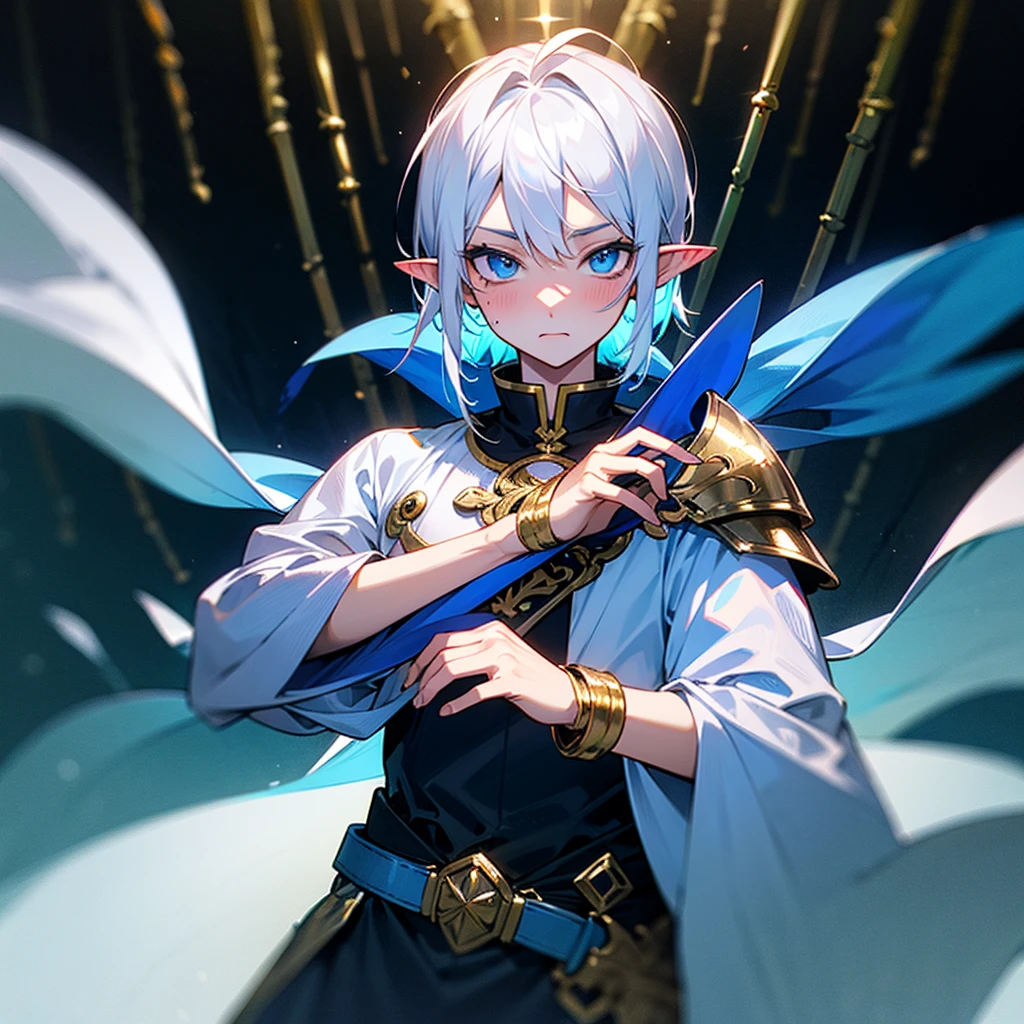 ultra detali, pointy ears, White hair, blue colored eyes, shorth hair, wears silver armor on his chest, on the sleeves he uses a white fabric up to the hands, wears silver bracelets on both hands, wears a blue cape with gold decorations on the back, holding a silver sword in his hand, the cloth is a forest, ethereal lighting, mystical atmosphere, vibrant and harmonious colors, surprised and blushing expression.
