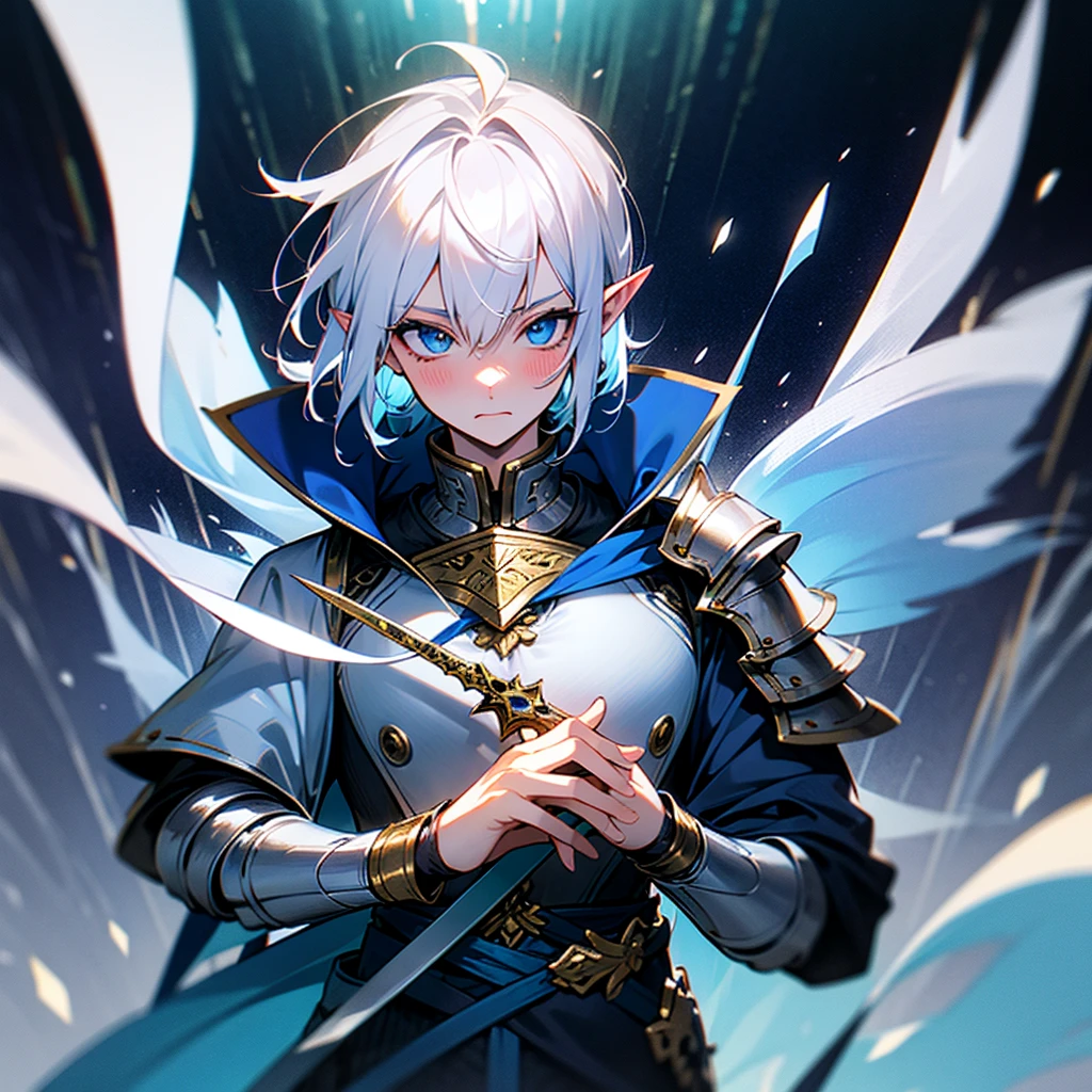 ultra detali, pointy ears, White hair, blue colored eyes, shorth hair, wears silver armor on his chest, on the sleeves he uses a white fabric up to the hands, wears silver bracelets on both hands, wears a blue cape with gold decorations on the back, holding a silver sword in his hand, the cloth is a forest, ethereal lighting, mystical atmosphere, vibrant and harmonious colors, surprised and blushing expression.