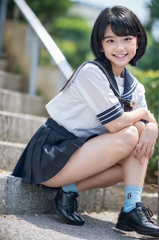 (8k、Raw photography、Highest quality、masterpiece:1.2),(Black-haired、Short Bob Hair:1.8),(:1.3)、View your audience,Front view,White skin,(high school girl、Light blue uniform:1.6)、(Tight waist:1.6)、(Clothes that accentuate the shape of the breasts:1.0)、(Small breasts :1.3)、Slim figure、Ultra-high resolution,beautiful,beautiful fece,(One person、No background:1.9),whole bodyボディー,Japanese women,(reality的:1.37)、Photon Mapping,reality、(Baby-faced and cute: 1.4)、(Cute Smile: 1.8)、(Round face: 1.8)、Radio City、Physically Based Rendering、Depth of field rally background、photograph, (I can see your knees、Thigh close-up:1.8),(Checked skirt:1.6),whole body、Great quality、(Sit with your legs slightly apart、Put your hands on your knees)、((((Sailor suit))))、(((Navy Blue Skirt)))、(((White and light blue panties)))、((((White loose socks))))、((((Brown leather shoes))))、(Outdoor Roads)、((((Low - Angle))))、((((Sitting on the stairs outdoors))))