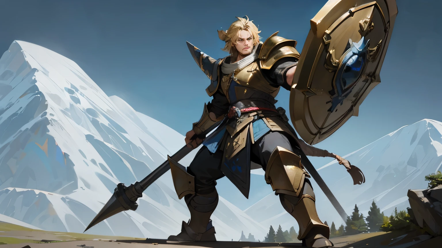 Very high quality, 4k, Masterpiece of the highest quality, extreme attention to detail on hands and face, extreme attention to detail in eyes, A Virile and Masculine Norse warrior wearing heavy silver armor and carrying a Powerful Hammer in his Right Hand and a Lion Shield in his Left Hand, blonde with blue eyes, Ken Masters style face, nordic battle scene on mountain background, single character full body art.
