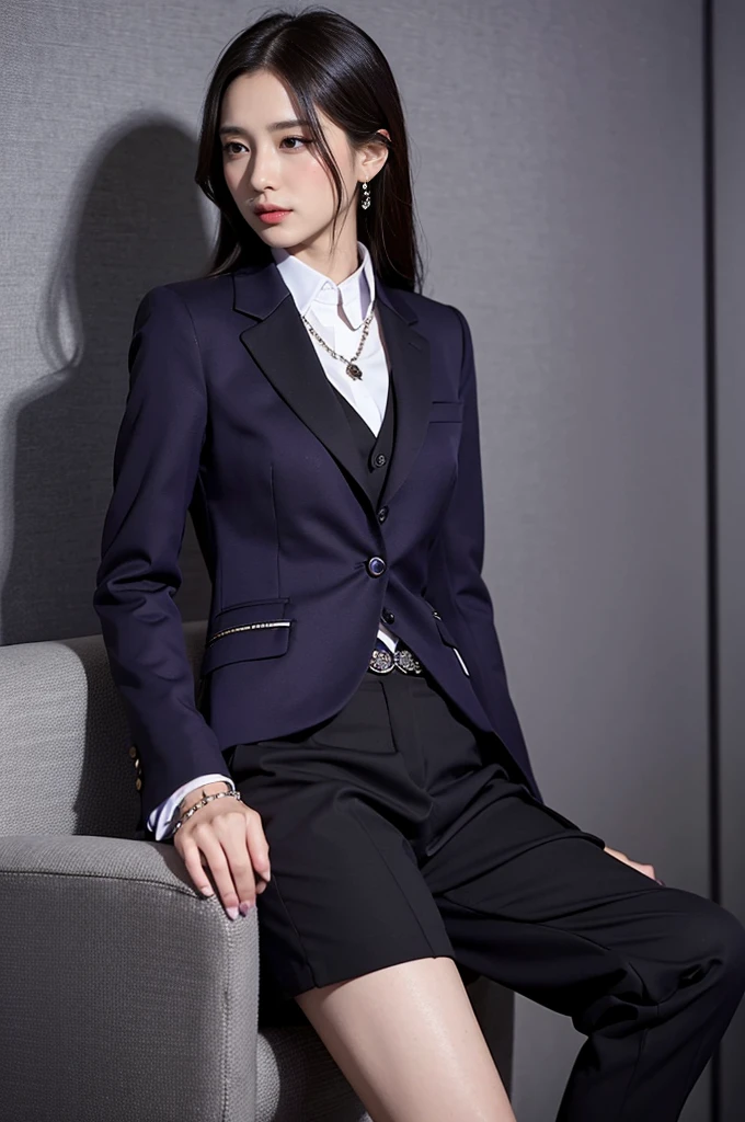 Office professional attire:
Jacket:A dark purple business jacket,Buttons designed in the shape of small grapes,Wear a simple white shirt。
Bottoms:A pair of black straight-leg trousers,Small crystal grape pendants at the cuffs。
Accessories:Choose a pair of black pointed high heels,Holding a simple grape pattern clutch,Showing the combination of professionalism and fashion。