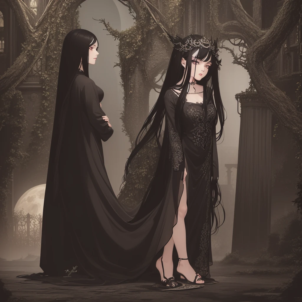 1 girl, long black hair, beautiful detailed eyes, beautiful detailed lips, extremely detailed face, long eyelashes, walking in a castle garden, full moon night, gothic architecture, overgrown vines, moonlight, dramatic lighting, cinematic, highly detailed, intricate, photorealistic, 8k, best quality, masterpiece
