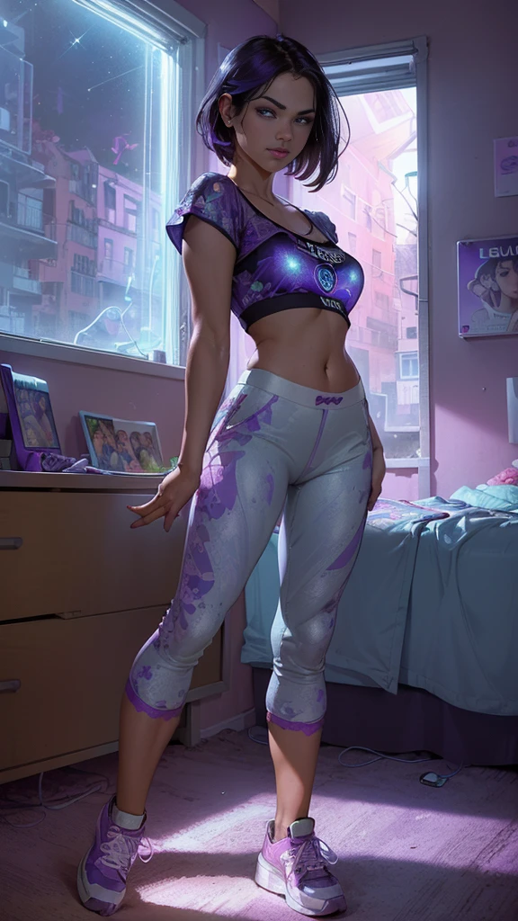 (La mejor calidad,A high resolution,Ultra - detallado,actual),Selena Gómez beautiful 16 year old girl with an angelic face ,light eyes he dresses with ,(printed pants:1.4) ,( crop top blouse:1.4) , (neon sneakers:1.4) . (She is in her room on bedroom window:1.4) ,the light of the stars illuminates her delicate face (romantic scene at night, (Estilo lingerie violet :1.4), (anatomía perfecta :1.4), (face detailed :1.4),( iluminación cinematográfica :1.4), (Selena Gómez :1.4), (Selena Gómez :V2.1), (pose vaquero),( falda short cuadros shein transparent :1.4), (Five Fingers, Four fingers and thumb, detailed perfect ),(face detailed Selena Gómez :1.4)