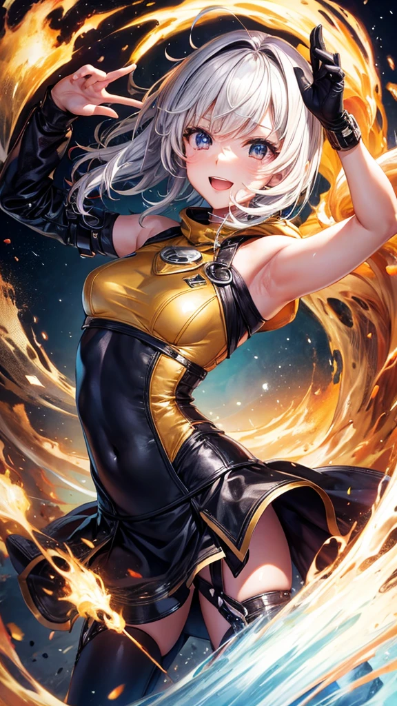 (((One girl))), blond hair, ((bob cut:1.3)), breasts, cleavage, (cowboy shot), standard body, (looking at viewer), collarbone, ((flame wizard dress:1.3)), fire from hand, teenager, head tilt:1.3, (((blue eye))), ((happy smile)), (((anime style))), (best quality, 4k, 8k, highres, masterpiece:1.2, ultra-detailed, ultra-detailed eyes, HDR, UHD, studio lighting, ultra-fine painting, sharp focus, physically-based rendering, extreme detail description, professional, vivid colors, bokeh), ((Highest quality, Best image quality, Ultra-high resolution, Ultra-high resolution, solo, Strong eye highlights)), Depth of written boundary, Natural soft light, attractive, Beautiful Face, Cleanliness, Pure Face, nedium chest, Beautiful Face, Perfect Fingers, Perfect hands, Perfect body, Perfect Face, Shine a light into your eyes, Perfect Anatomy
