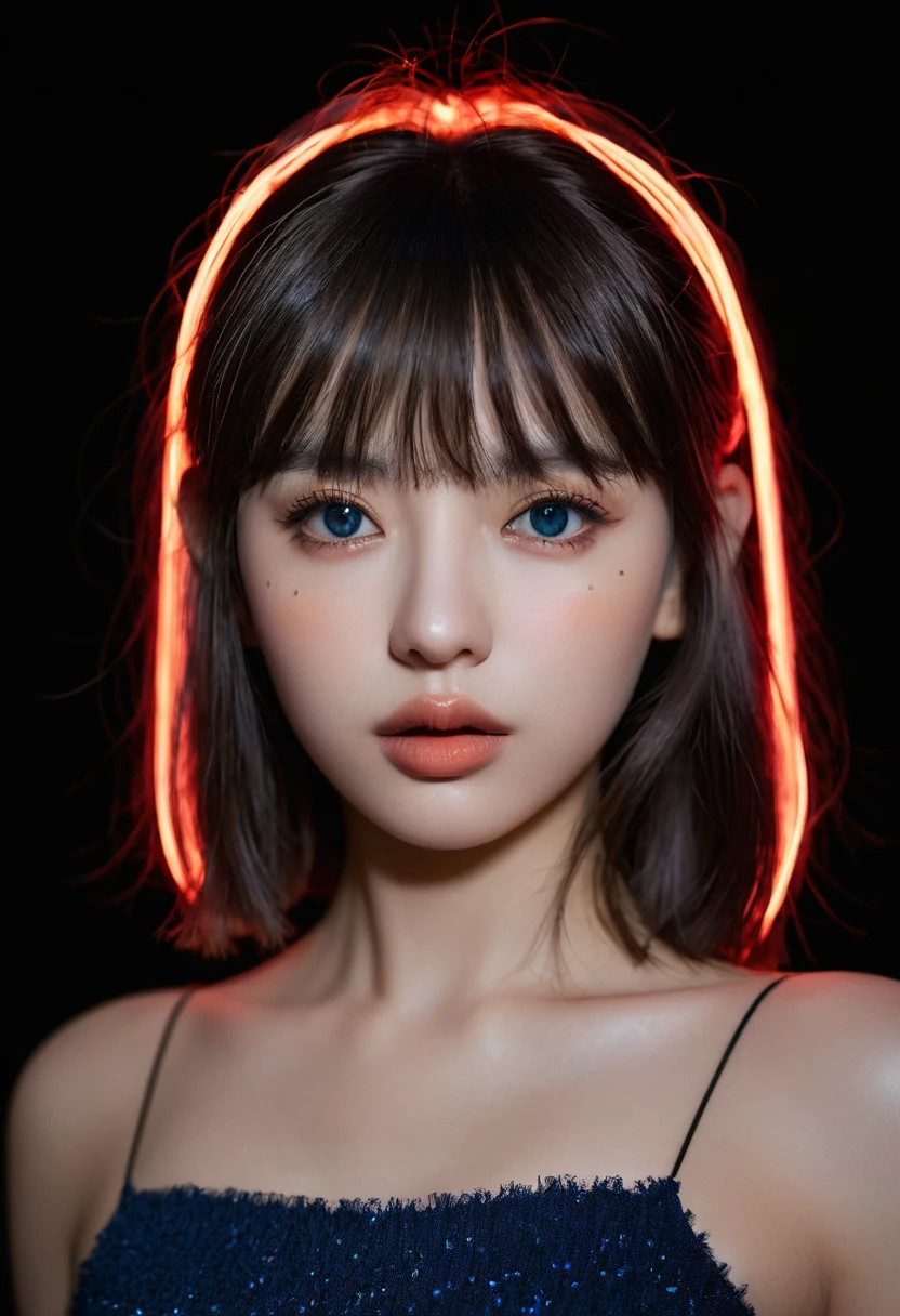 8k, best quality, 1 Girl, (Skin Indentation), night, (dark), Indoor clear background, (people), Beautiful bangs, Gorgeous,, (Clothing and:1.3),Soft lighting, attractive, dark Room, (mouth close:1.2, beautiful eyes, Delicate eyes, Detailed iris, Beautiful lips, Beautiful nose, Pretty Face),(primary color:1.5),(Ambient Light:1.3),(Neon light:1.3)