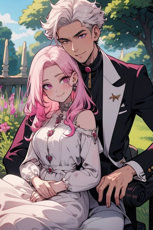 One man. One woman.Perfect faces. Perfect hands. A pink haired woman with violet eyes in a ballgown is sitting on the lap of a young white haired man with ruby eyes in an ornate suit in the garden with a big smile