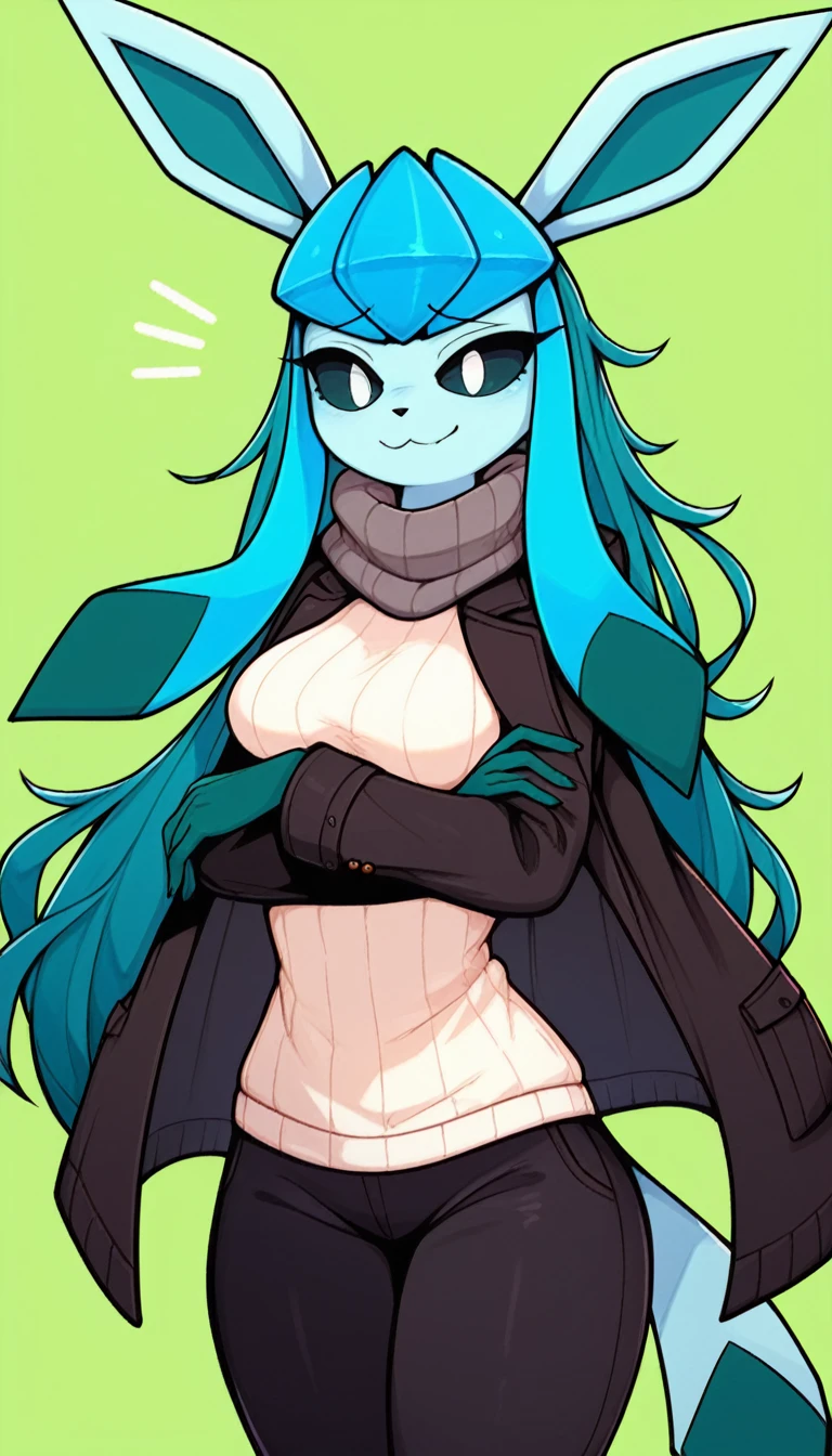 Excited expression, 1girl, anthro, furry, fur, fluffy fur, glaceon girl, blue hair (cyan highlights), black sclera, white eyes, long hair, Messy hair, (19 years), medium breast, thicc thighs, solo, (green background), detailed, smug smile, black coat, white sweater, black pants, gray scarf, (full body), standing, crossed arms, score_9, score_8_up, score_7_up, score_6_up, score_5_up, score_4_up
