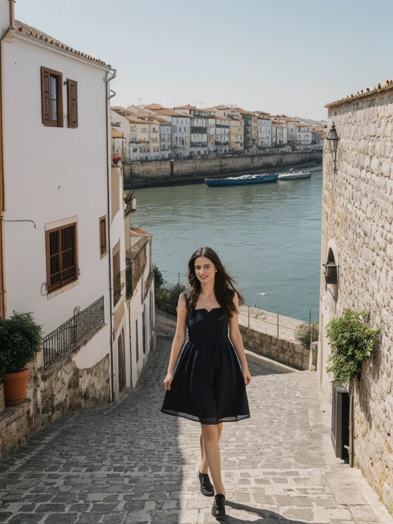 her name is Amelie, high quality, 1girl, ((25-year-old fit Caucasian woman)), ((25 years old)), ((SLIM)), ((long dark hair), pose: standing, wearing In style in trend Generation-Z modern wear different colored, BACKGROUND:"In the Alfama district, with its narrow winding streets, traditional Fado music, and views of the Tagus River."