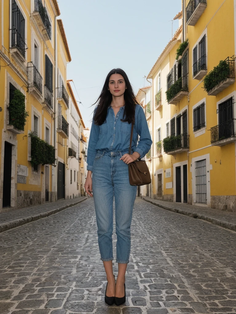 her name is Amelie, high quality, 1girl, ((25-year-old fit Caucasian woman)), ((25 years old)), ((SLIM)), ((long dark hair), pose: standing, wearing In style in trend Generation-Z modern wear different colored, BACKGROUND:"In the Alfama district, with its narrow winding streets, traditional Fado music, and views of the Tagus River."