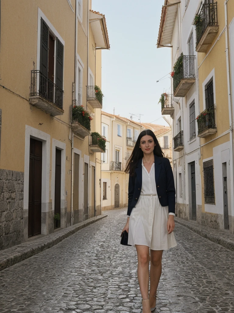 her name is Amelie, high quality, 1girl, ((25-year-old fit Caucasian woman)), ((25 years old)), ((SLIM)), ((long dark hair), pose: standing, wearing In style in trend Generation-Z modern wear different colored, BACKGROUND:"In the Alfama district, with its narrow winding streets, traditional Fado music, and views of the Tagus River."