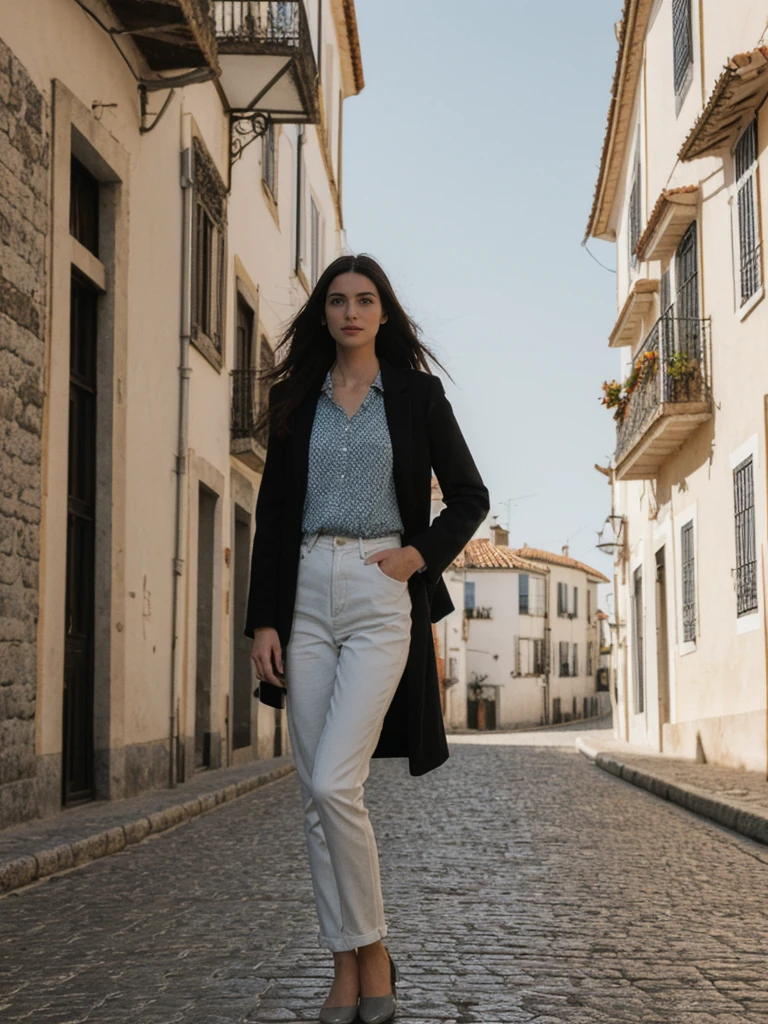 her name is Amelie, high quality, 1girl, ((25-year-old fit Caucasian woman)), ((25 years old)), ((SLIM)), ((long dark hair), pose: standing, wearing In style in trend Generation-Z modern wear different colored, BACKGROUND:"In the Alfama district, with its narrow winding streets, traditional Fado music, and views of the Tagus River."