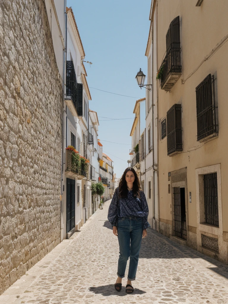 her name is Amelie, high quality, 1girl, ((25-year-old fit Caucasian woman)), ((25 years old)), ((SLIM)), ((long dark hair), pose: standing, wearing In style in trend Generation-Z modern wear different colored, BACKGROUND:"In the Alfama district, with its narrow winding streets, traditional Fado music, and views of the Tagus River."