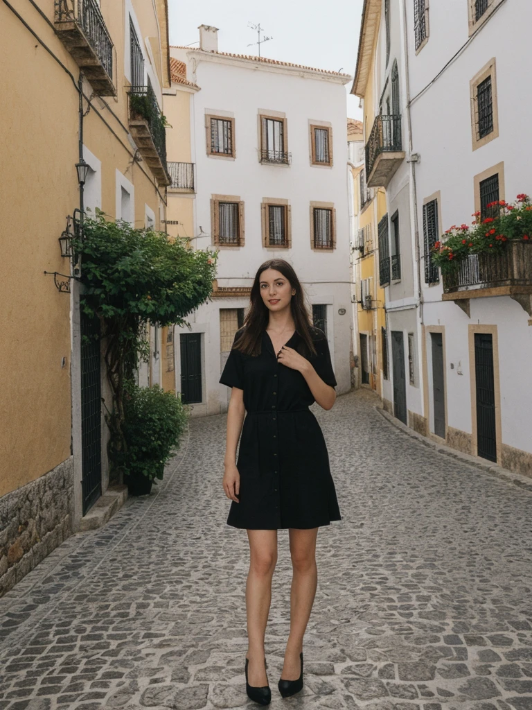 her name is Amelie, high quality, 1girl, ((25-year-old fit Caucasian woman)), ((25 years old)), ((SLIM)), ((long dark hair), pose: standing, wearing In style in trend Generation-Z modern wear different colored, BACKGROUND:"In the Alfama district, with its narrow winding streets, traditional Fado music, and views of the Tagus River."