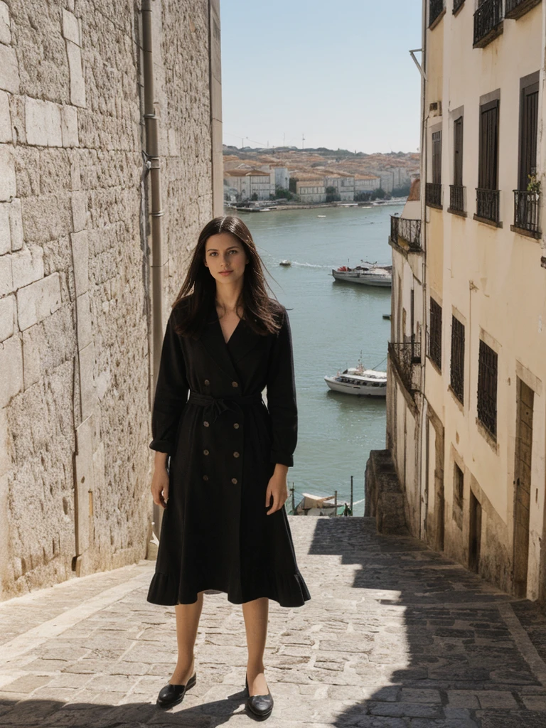 her name is Amelie, high quality, 1girl, ((25-year-old fit Caucasian woman)), ((25 years old)), ((SLIM)), ((long dark hair), pose: standing, wearing In style in trend Generation-Z modern wear different colored, BACKGROUND:"In the Alfama district, with its narrow winding streets, traditional Fado music, and views of the Tagus River."