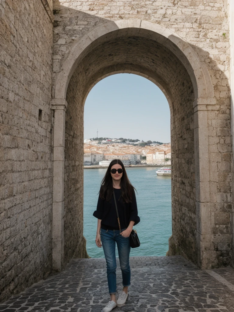 her name is Amelie, high quality, 1girl, ((25-year-old fit Caucasian woman)), ((25 years old)), ((SLIM)), ((long dark hair), pose: standing, wearing In style in trend Generation-Z modern wear different colored, BACKGROUND:"In the Alfama district, with its narrow winding streets, traditional Fado music, and views of the Tagus River."