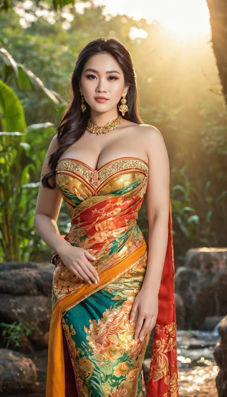 ((thai woman with large breasts in a colorful dress , curve, voluptuous, rift, thick, chubby, traditional beauty, sexy beautiful woman, With a new beauty, erotic, beautiful goddess, Beautiful digital artwork, jaw-dropping beauty, beautiful model, 8k)), Beautiful Thai Women, Wear traditional Balinese clothing, Beautiful Fantasy Empress, amazing woman, Beautiful Thai girl, masterpiece, (best quality:1.2), (8k,height,raw photos,realistic,photo-realistic:1.3),(fine texture,Good fabric,Beautifully detailed face:1.25),professional lighting,Photon mapping,beautiful soft light,radiation,Physical rendering,Ray tracing, Modeling style, (Very detailed CG unity 8k wallpaper..), Full-length photos of the most beautiful works of art in the world, Thai Culture,sunlight,sun set