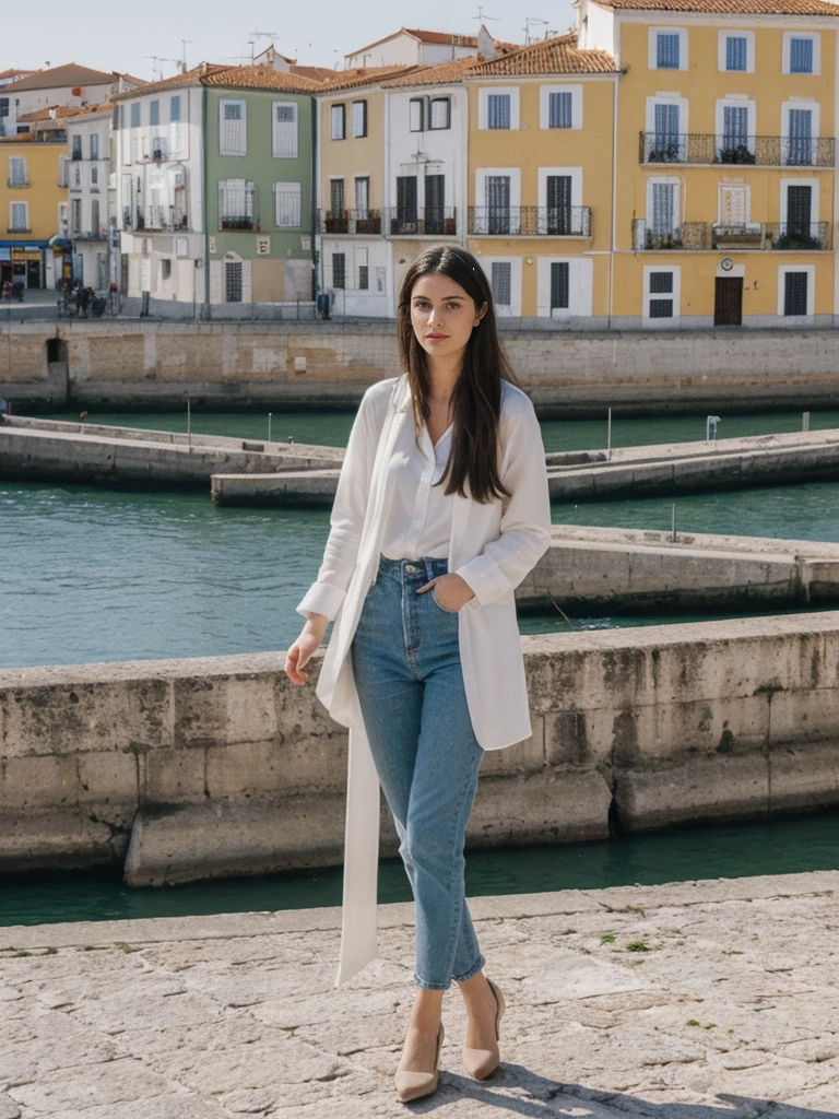 her name is Amelie, high quality, 1girl, ((25-year-old fit Caucasian woman)), ((25 years old)), ((SLIM)), ((long dark hair), pose: standing, wearing In style in trend Generation-Z modern wear different colored, BACKGROUND:"In the Alfama district, with its narrow winding streets, traditional Fado music, and views of the Tagus River."
