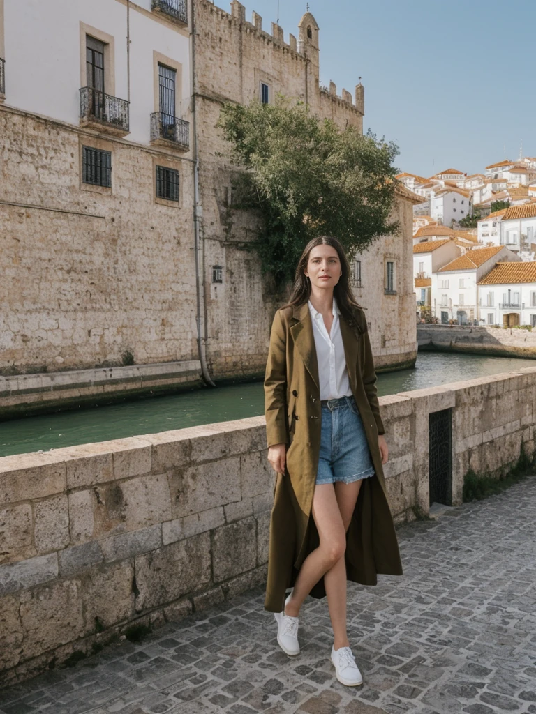 her name is Amelie, high quality, 1girl, ((25-year-old fit Caucasian woman)), ((25 years old)), ((SLIM)), ((long dark hair), pose: standing, wearing In style in trend Generation-Z modern wear different colored, BACKGROUND:"In the Alfama district, with its narrow winding streets, traditional Fado music, and views of the Tagus River."
