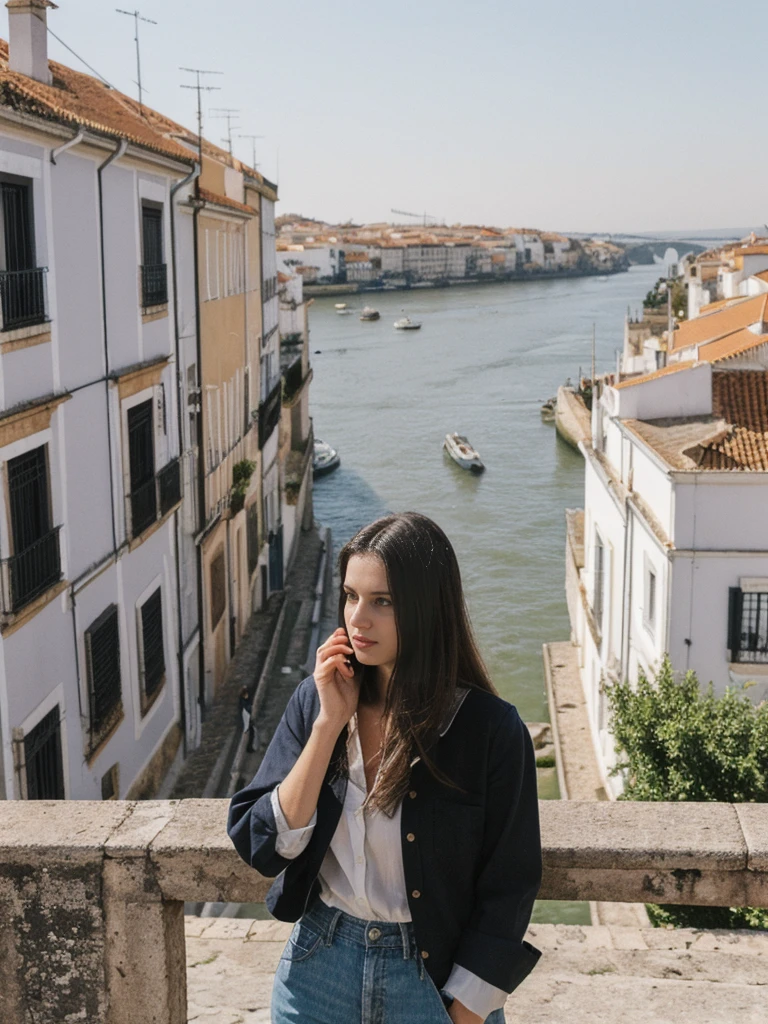 her name is Amelie, high quality, 1girl, ((25-year-old fit Caucasian woman)), ((25 years old)), ((SLIM)), ((long dark hair), pose: standing, wearing In style in trend Generation-Z modern wear different colored, BACKGROUND:"In the Alfama district, with its narrow winding streets, traditional Fado music, and views of the Tagus River."