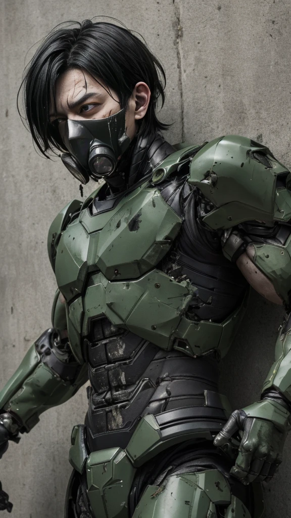 , Advanced Details, high quality, 最high quality, High resolution, 1080P 、Bleeding from the wound、Sexy Eyes、Wearing green and black、cute((The whole body is sweating))(Equipped with a damaged battle suit....)(Dark green armor)(Broken Armor)Black Hair、Chiquita、short hair、Open your mouth、Painful expression、It hurts again、 I was thrown against the wall、Head gear is broken. )) flying debris bare hands Armor Stripping Gas mask explodes