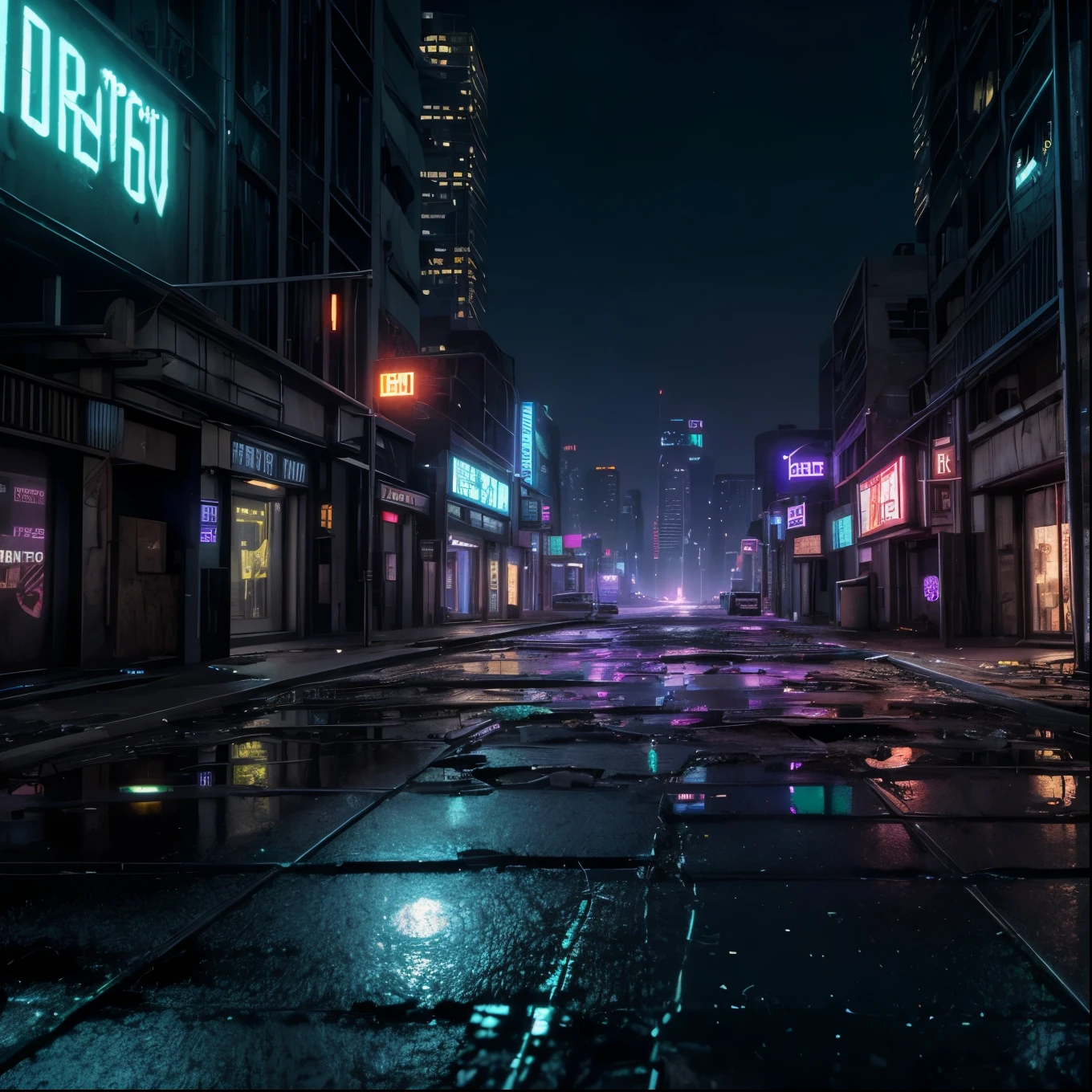 a dystopian cyberpunk city in 2077, deserted at night, purple street lights, main colors blue, purple, black, (best quality,4k,8k,highres,masterpiece:1.2),ultra-detailed,(realistic,photorealistic,photo-realistic:1.37),hyperrealistic, dark futuristic landscape, moody atmosphere, dramatic lighting, abandoned skyscrapers, neon signs, glowing windows, puddles reflecting the lights, cracked pavement, overgrown vegetation, rusted metal, decaying infrastructure, (cinematic angle,dramatic composition:1.2),sense of isolation and decay