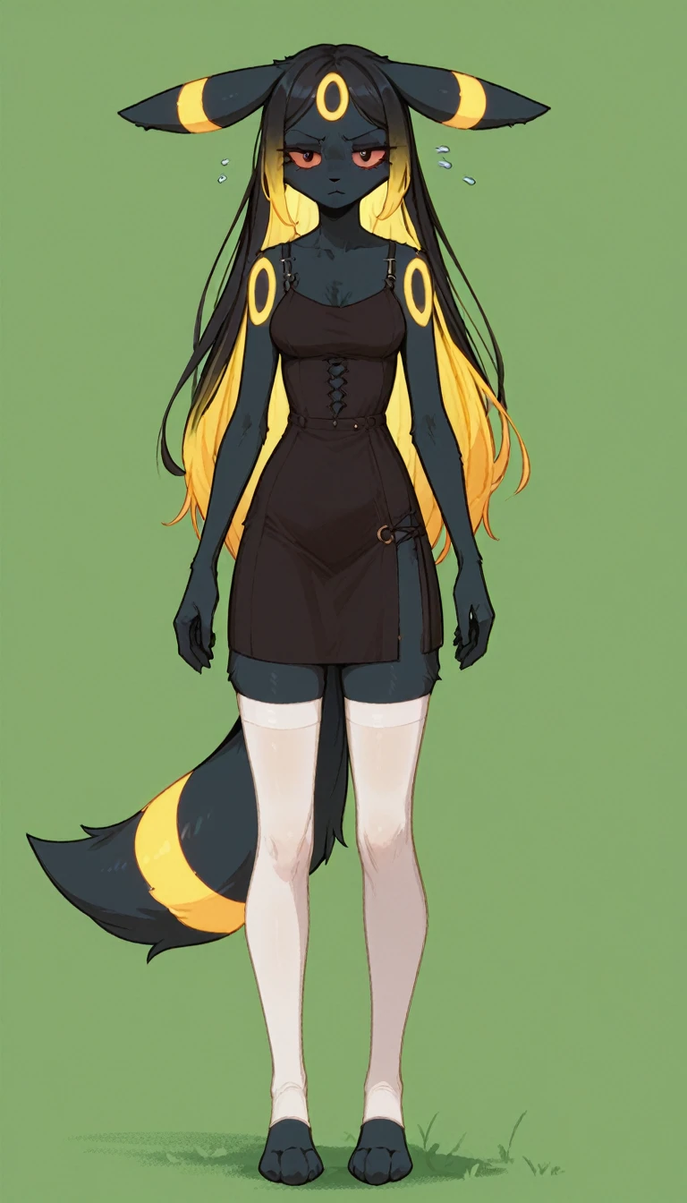 Tired expression, 1girl, anthro, furry, fur, fluffy fur, umbreon girl, black hair (yellow highlights), red eyes, long hair, straight hair, (19 years), medium breast, thighs, solo, (green background), detailed, black dress, white stockings, (closed mouth), annoyed, yellow eye shadow, (full body), score_9, score_8_up, score_7_up, score_6_up, score_5_up, score_4_up