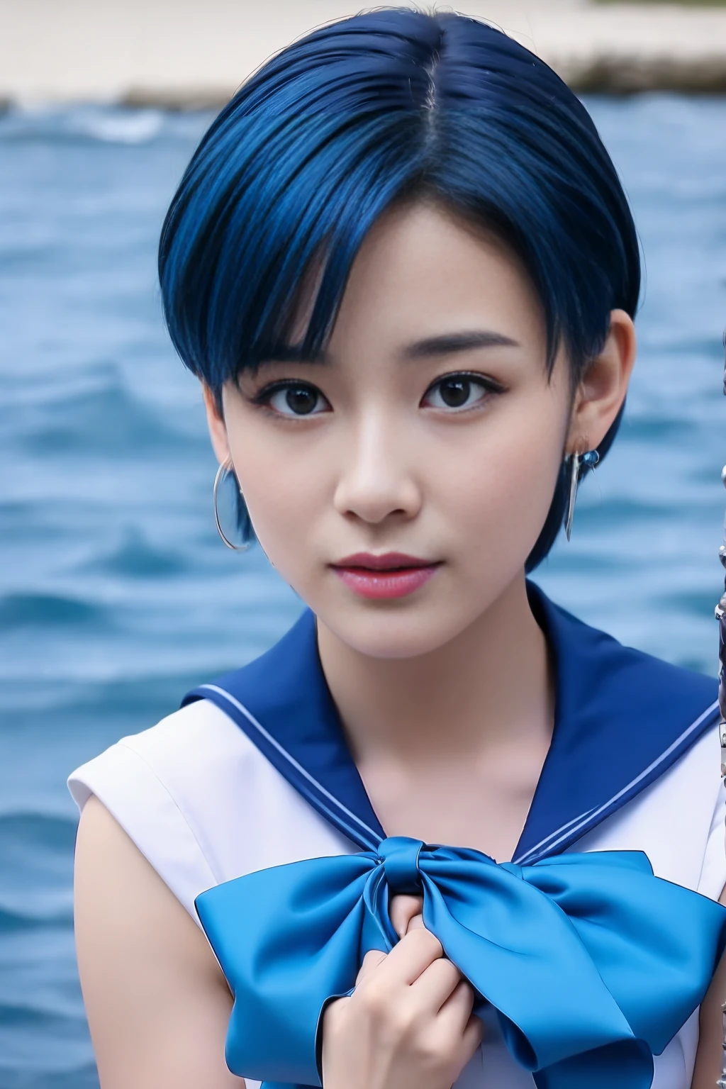 Full Body Shot,Ami Mizuno, (sailor mercury, neck ribbon, blue hair, short hair, circlet, jewelry, crescent earrings),Sailor Mercury. beautiful, whole body,water star,looking at the camera
