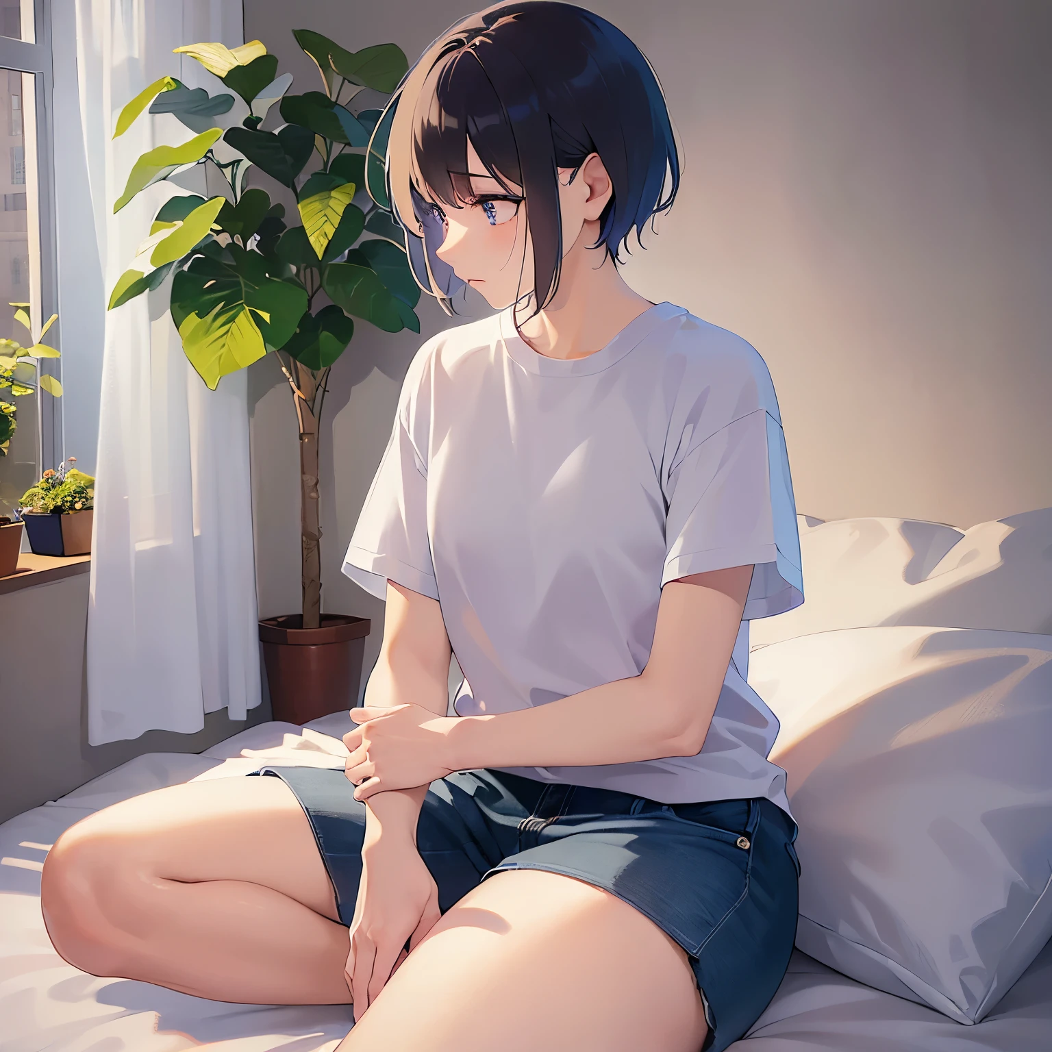 (looking away:1.5),upper body,
shiny skin, masterpiece、Highest quality、(25-year-old male:1.5) and (Black short hair) and (blue eyes)
(white) and (T-Shirts)
On the bed、Hands over mouth、Sitting、blush,Sulking