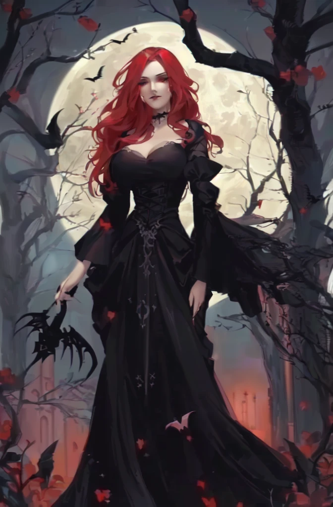 a woman in a black dress standing in front of a full moon, gothic maiden, gothic maiden of the dark, beautiful vampire queen, lilith, gothic fantasy art, dark fantasy style art, persephone as goddess of death, gothic wraith maiden, in style of dark fantasy art, lovely dark autumn princess, beautiful vampire female queen, vampire queen, vampire fashion