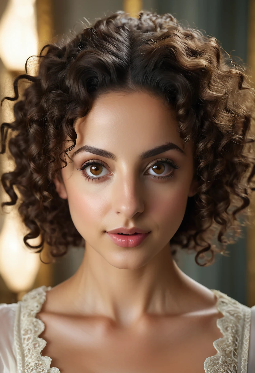 A beautful jewish women with a thick bush unibrow and a large bulbous nose. brown hair that is extremy curly and kinky,  Ultra HD, with Rococo he symmetrical face, photorealistic photography, path tracing, specular lighting, and volumetric face light enhance the details. The scene is captured in maximum quality, masterpiece, 8K high resolution, and top quality. Tala Ashe
