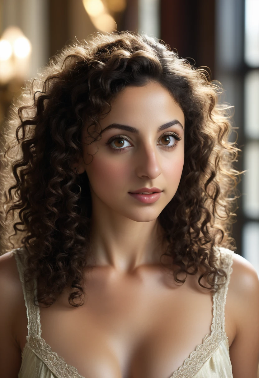 (best quality,4k,8k,highres,masterpiece:1.2),ultra-detailed,(realistic,photorealistic,photo-realistic:1.37),portrait,Latina woman,beautiful face,dark hair,curly hair,big breasts,beautiful eyes,stunning body,white transparent dress,vivid colors,soft lighting