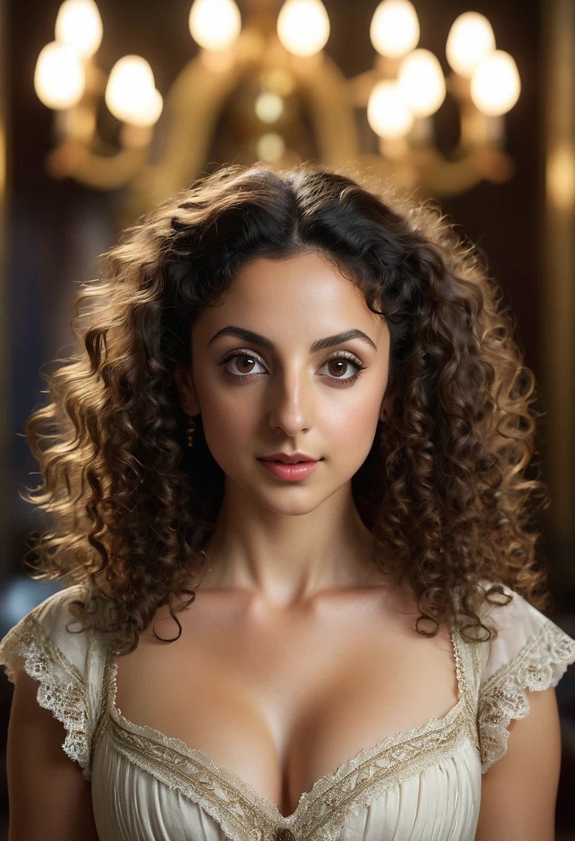 A beautful jewish women with a thick bush unibrow and a large bulbous nose. brown hair that is extremy curly and kinky, Ultra HD, with Rococo he symmetrical face, photorealistic photography, path tracing, specular lighting, and volumetric face light enhance the details. The scene is captured in maximum quality, masterpiece, 8K high resolution, and top quality. Tala Ashe
